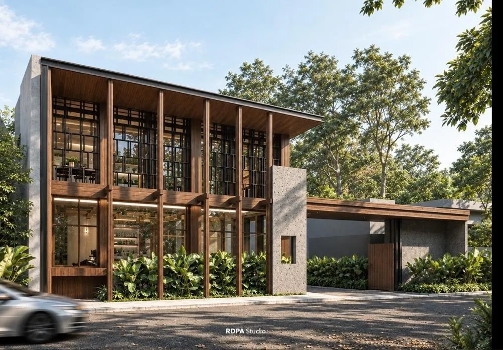 Two storey house with a full height timber screen behind mature trees