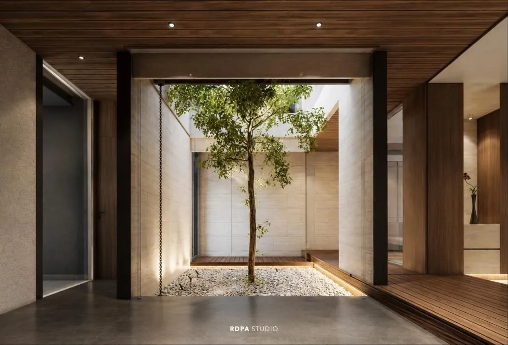 Corridor opening onto an internal courtyard planted with a single tree